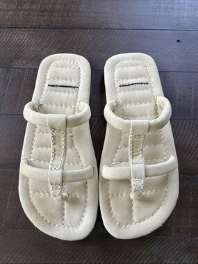 Free People Cream Suede Double Strap Toe-Loop Sandals